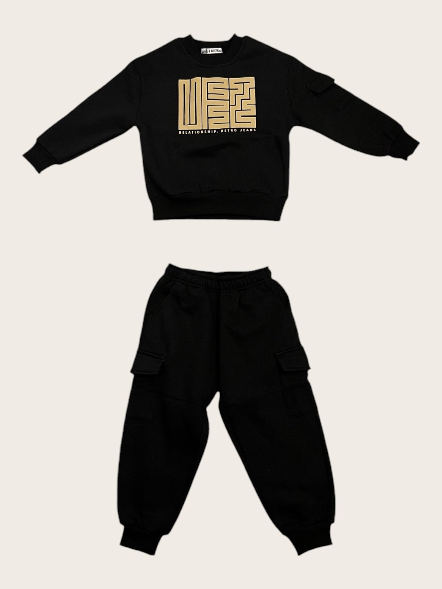 Conjunto de Sudadera y Pantalón Cargo Negro para Niños y Jovenes - Retro Style